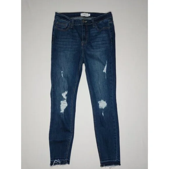 Jelly Jeans Womens Juniors Size 9 Dark Blue Distressed Denim Jeans Raw Hem - Picture 1 of 16